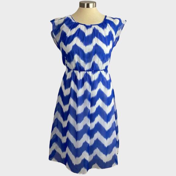 AB Studio Size 2 Dress Blue White Chevron Polyester Cap Sleeve - Picture 1 of 12